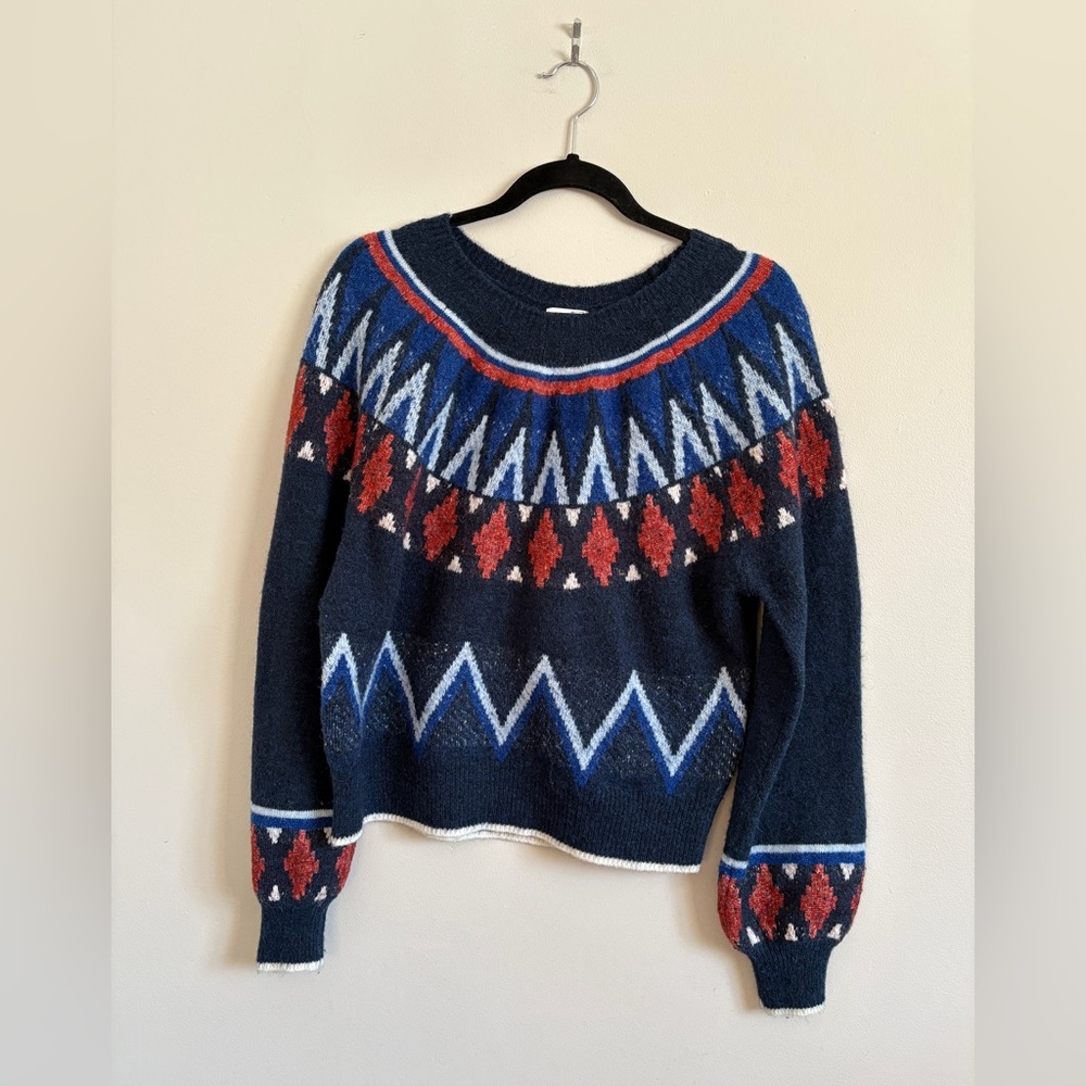 Sundry Anthropologie Fuzzy Fair Isle Sweater Sz M Nordic Balloon Sleeve Navy